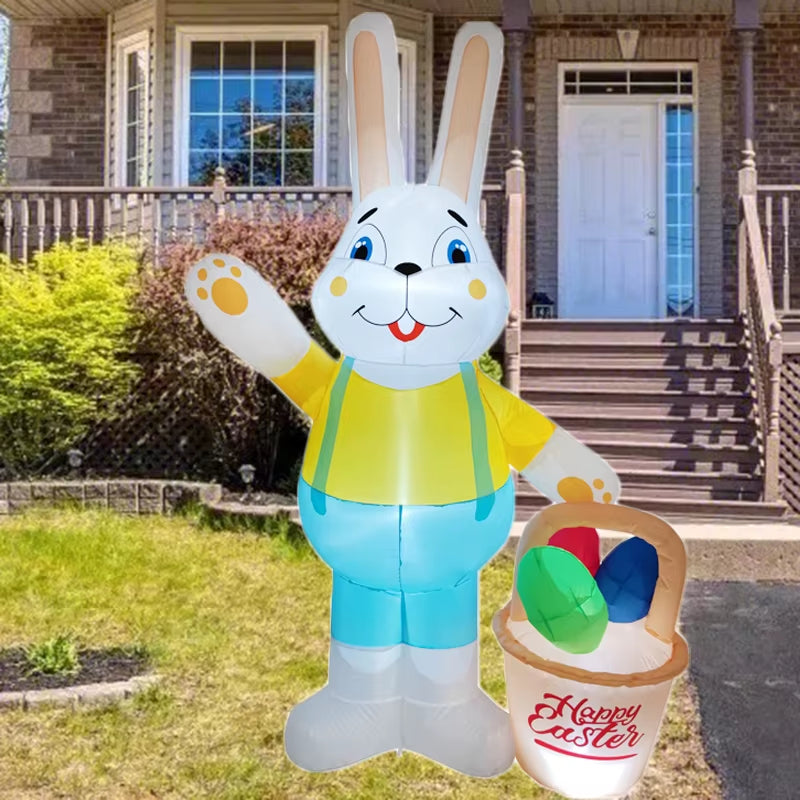 2.1M/6.8Ft Easter Decoration Giant Inflatable Rabbit Carry Basket Built-In LED Lights Indoor Outdoor Courtyard Props Ornament