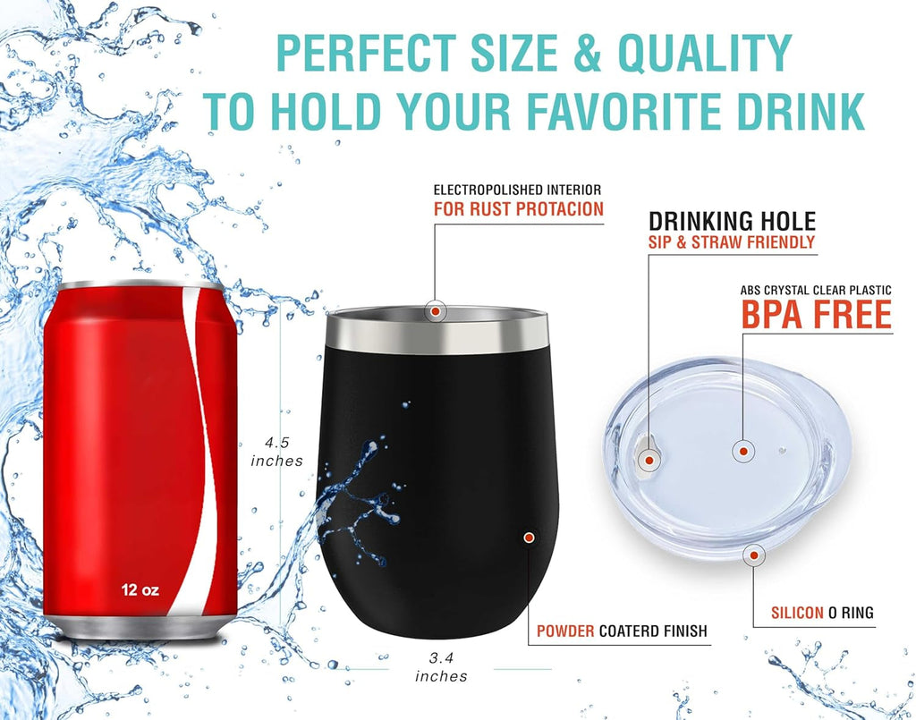 12 Oz Stainless Steel Wine Tumblers 2 Pack & 1 Insulated Wine Bottle - Double Wall Vacuum Insulated Wine Glasses Cups with Lids and Straws Set Keeping Cold & Hot Gift Set