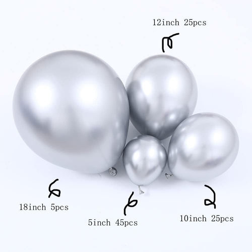 100Pcs Metallic Silver Latex Balloons Various Sizes Chrome Balloon 18/12/10/5 Inch Helium Balloon Perfect for Birthday Valentines Baby Shower Bridal Shower Wedding Anniversary Balloons