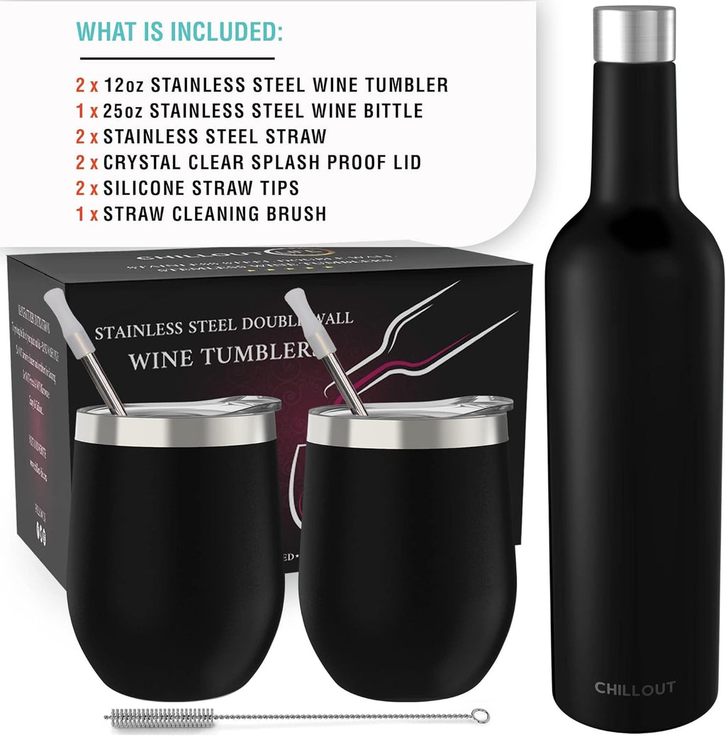 12 Oz Stainless Steel Wine Tumblers 2 Pack & 1 Insulated Wine Bottle - Double Wall Vacuum Insulated Wine Glasses Cups with Lids and Straws Set Keeping Cold & Hot Gift Set