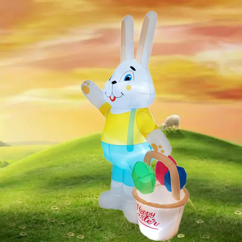 2.1M/6.8Ft Easter Decoration Giant Inflatable Rabbit Carry Basket Built-In LED Lights Indoor Outdoor Courtyard Props Ornament