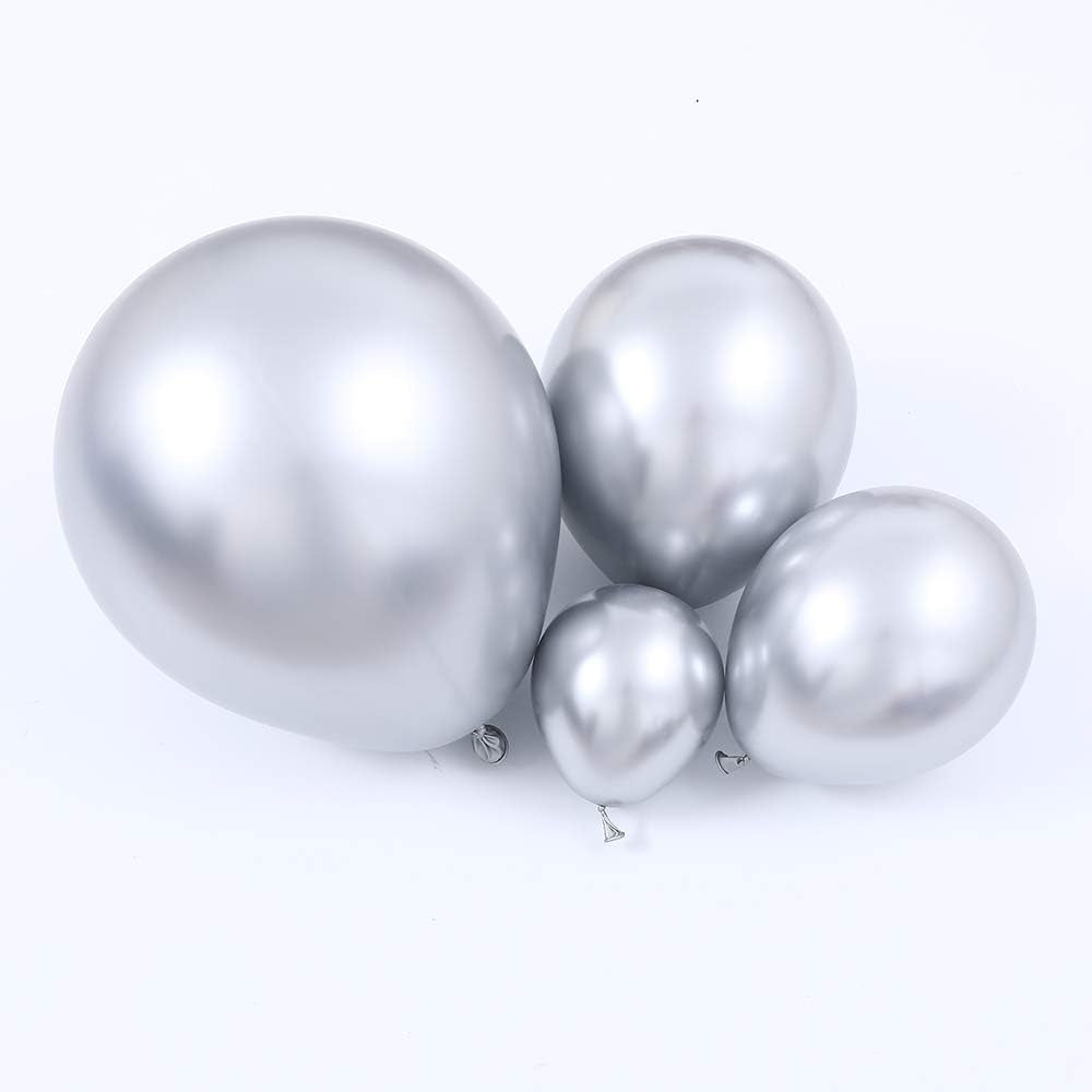 100Pcs Metallic Silver Latex Balloons Various Sizes Chrome Balloon 18/12/10/5 Inch Helium Balloon Perfect for Birthday Valentines Baby Shower Bridal Shower Wedding Anniversary Balloons