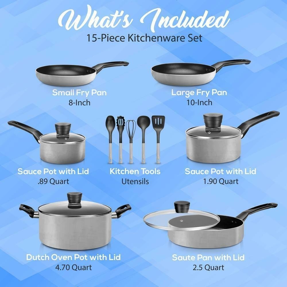 NutriChef 15pcs Pressed Aluminum Pans Set – Dishwasher Safe, Non-Stick Coating