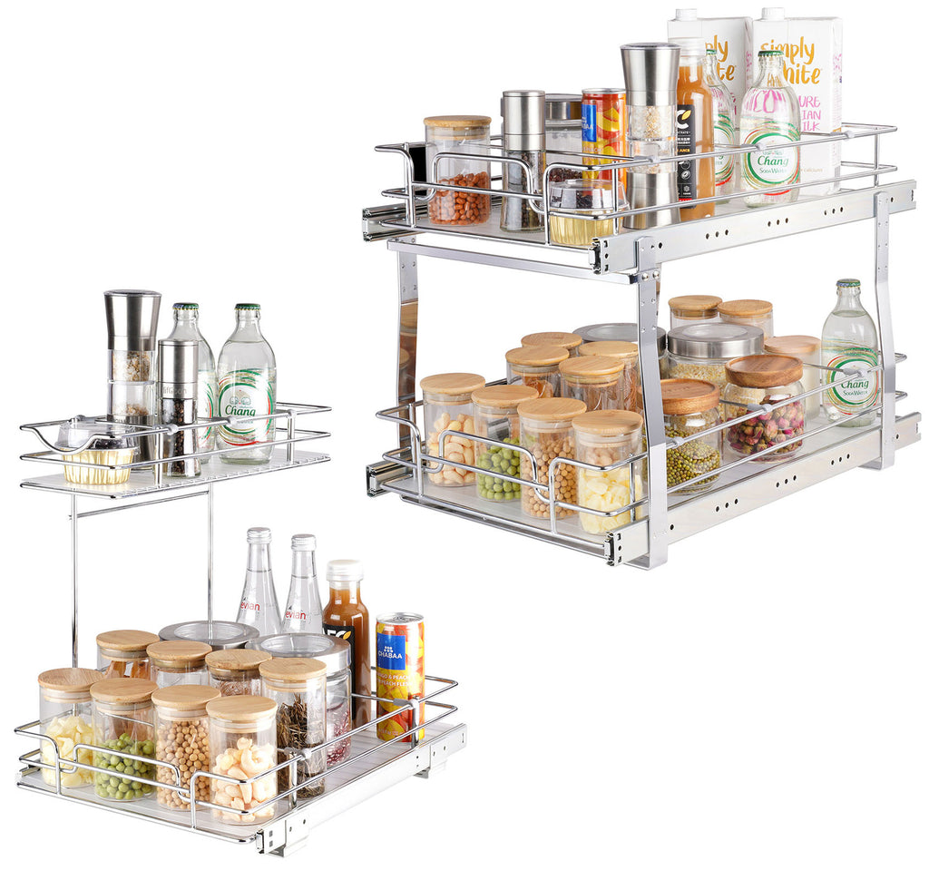 2-Tier Kitchen Cabinet Pull Out Shelf Organizer Slide Out Drawer 9-22 inch