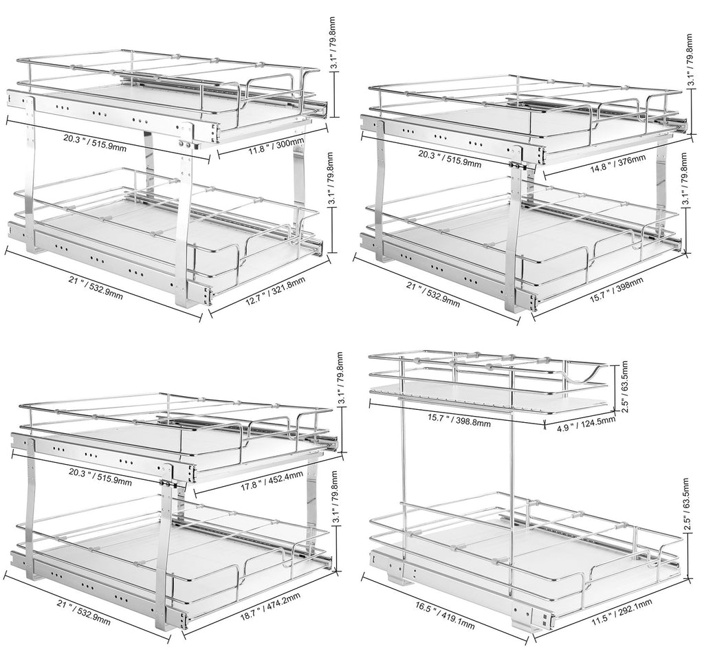 2-Tier Kitchen Cabinet Pull Out Shelf Organizer Slide Out Drawer 9-22 inch